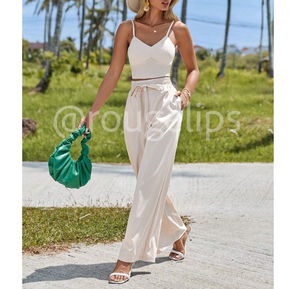 Rouge! Pants - Beige 2 Piece Set: Crop Cami Top and High Waist Long Pants